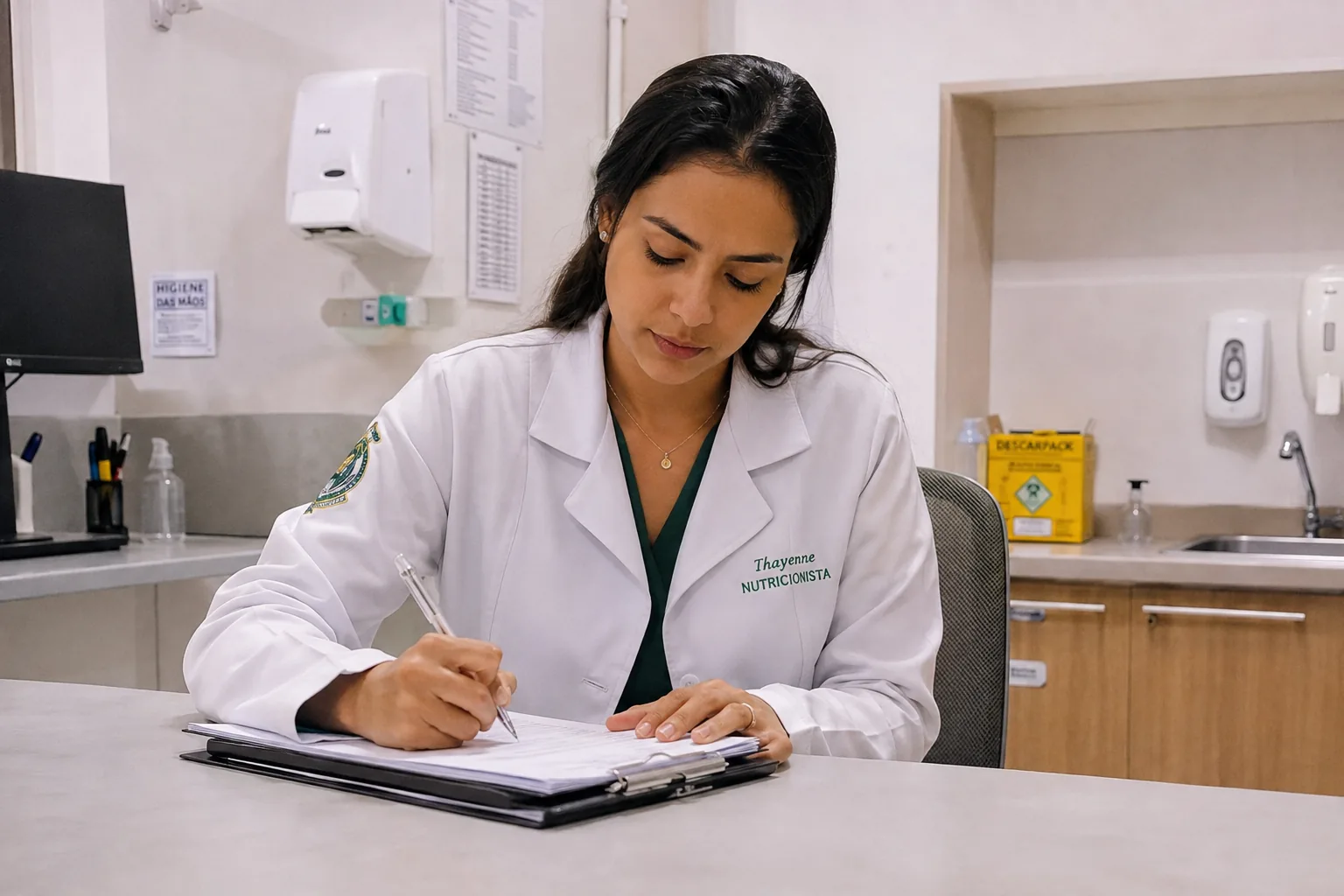 Nutricionista clínica anotando prontuário em ambulatório